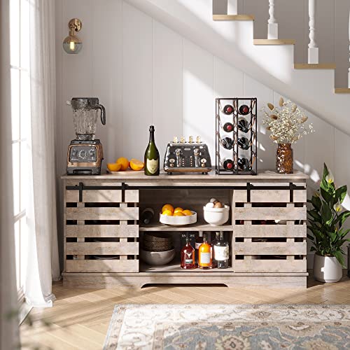 Yitahome Bar Cabinet, 60“ Farmhouse Sliding Barn Door Cabinet Sideboard Buffet Cabinet With Capacity 300 Lbs For Home Kitchen Dinning Living Room, Grey Wash #TOP6