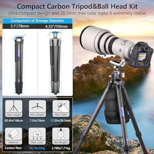 Compact Carbon Fiber Tripod with Arca Swiss Head & Stone Bag Max Load 44.1lb