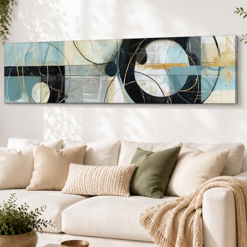Image of Large Stretched Canvas Painting, Panel Wall Painting Geometric Circle Abstract Black Luxury Paintings for Home Decoration, Living room, Bedroom and Office Decor (Black, 12x46 Inch)