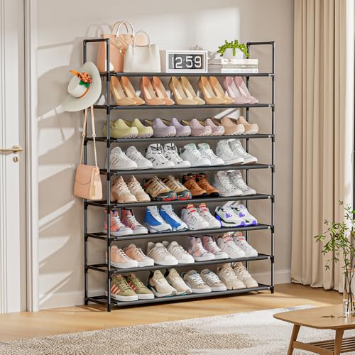 Image of OYREL 8 Tier Shoe Organizer, 33.3in Wide x 11.2in Deep x 55.7in Tall, Black Metal and Plastic Shoe Rack, Holds up to 32-40 Pairs of Shoes
