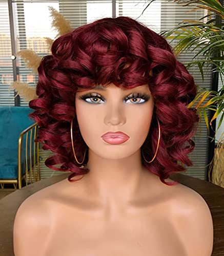 Annivia Short Curly Wig For Women With Bangs Big Bouncy Fluffy Kinky Curly Wig Soft Synthetic Short Curly Afro Wig （Burgundy Red） #TOP4