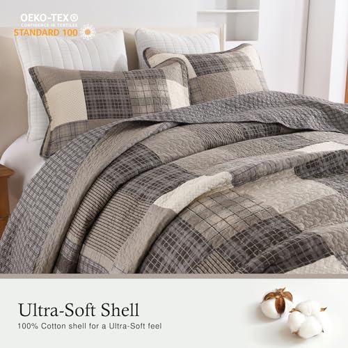 Image of 100% Cotton Oversized King Bedspread 128x120, Brown Khaki Plaid