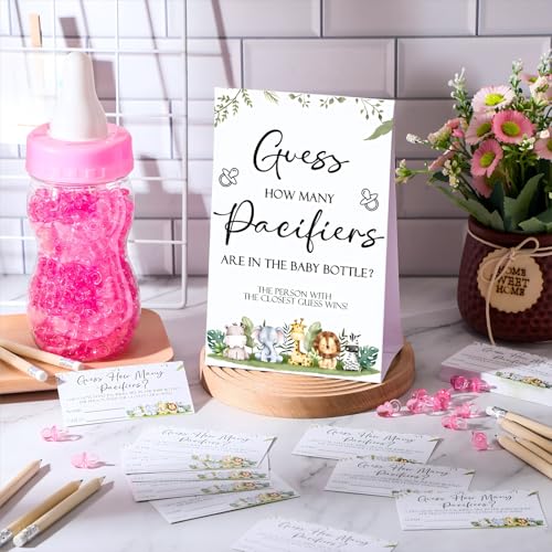 Image of Roowest 512 Pcs Baby Shower Games Guess How Many Pacifiers Sign 100 Small Guessing Games 10 HB Pencils 750ml Milk Bottle 400 Acrylic Pacifiers Decoration for Guest Gender Reveal(Pink,Animal)