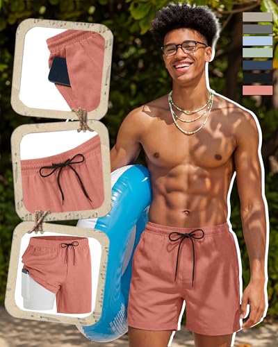 Image of August Alley Men's Linen Shorts with Liner Summer 5 Inch Casual Elastic Waist Drawstring 2 in 1 Beach Shorts with Pockets
