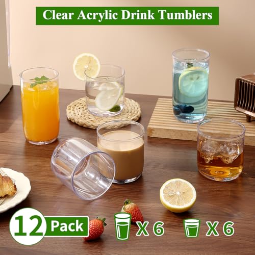 Kyraton Verres à Whiskey Old Fashioned Set de 12, 6 Verres Highball en Plastique PET Transparent 420ml & 6 Verres à Cocktail Whisky 340ml, Tumblers Robustes et Incassables pour Bière, Jus, Lait. – Image 4