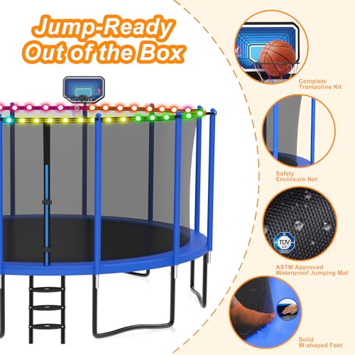 DeepRoar Tranpoline for Kids and Adults, 1500LBS 16FT 15FT 14FT 12FT 10FT 8FT Tranpoline with Basketball Hoop, Safety Enclosure Net, Heavy Duty Tranpoline with Light, Sprinkler, Socks, ASTM Approved