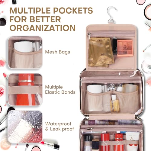 TBTOTRA Hanging Toiletry Bag for Women Travel, 2 Sizes Large & Small Waterproof Cosmetic Organizer with 4 Compartments, Rotating Hook, Foldable Pink Travel Bag for Toiletries & Makeup - Medium Beige - Image 4