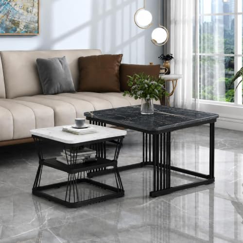 Image of Brown Art Shoppee Set of 2 Modern Coffee Tables with Marble Finish Top, Metal Frame, Nesting Center Table & End Table for Living Room Home Decor (Black & White-Black)