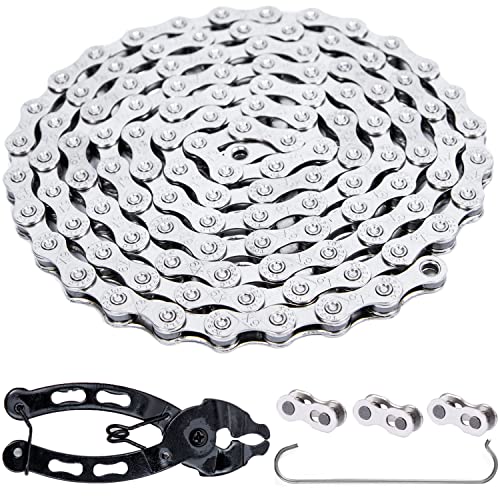YBEKI 6/7/8/9/10/11 Speed Carbon Steel Bike Chain with Full Silver Plating, 116 Links, 3 Extra Master Links &amp; Chain Tool - Compatible with Shimano/SRAM Mountain, Road (9 Speed, Silver, 1)