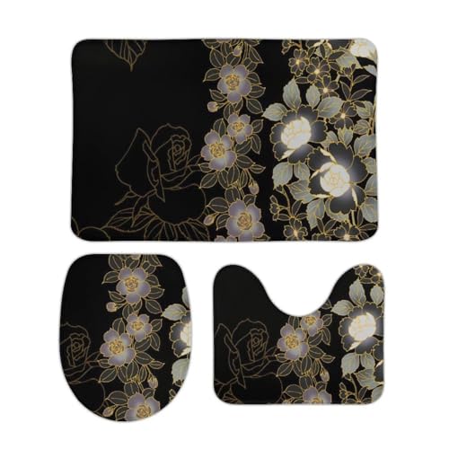 トイレマット 3点セット 和風 花柄 黒 フタカバー 便座カバー 洗える お風呂マット ふわふわ 滑り止め U型 O型 兼用 ズレない おしゃれ 吸水速乾 50cm x 80cm
