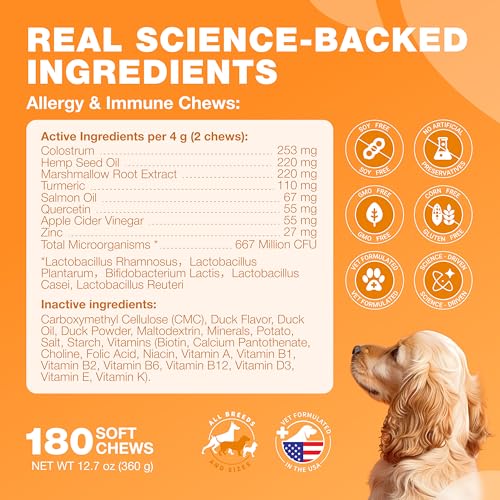 Image of Dog Allergy Relief Chews - Itch Relief for Dogs - 180 Allergy Chews for Itching Skin with Probiotics, Colostrum, Salmon Oil - Allergy, Skin and Coat, Immune, Digestion Support Supplement - Hot Spots