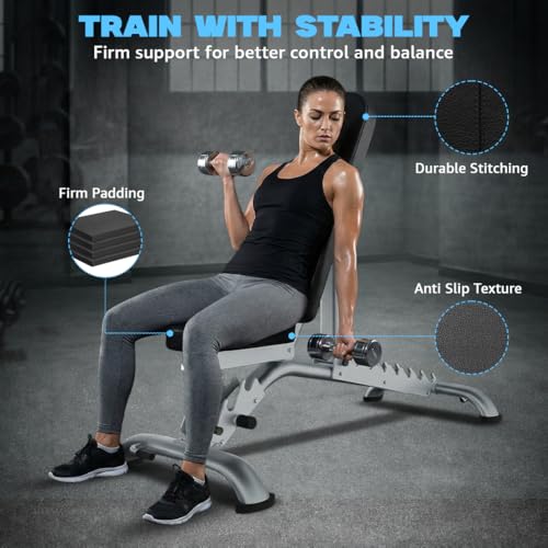 Image of Powermax Fitness PUB-036B Adjustable Incline Flat Utility Bench, Multi-Positions with 8 Seat Adjustments | Heavy Duty Frame | Weight Capacity up to 350 | Kg Home Gym Workout Strength Equipment