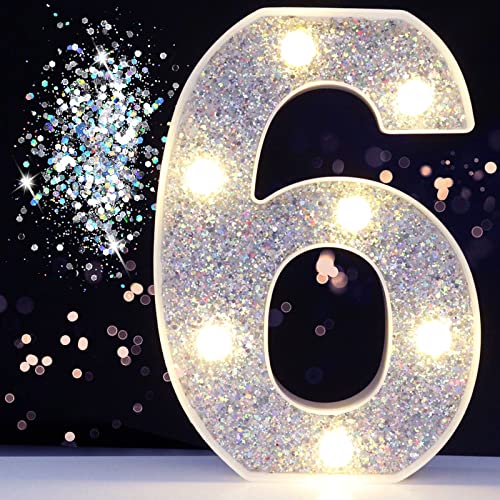 Image of Pooqla Marquee Light up Numbers, Lighted Numbers for 6th Birthday Decorations, Night Light Battery Powered for Silver Party Decorations, Gift for Boys Girls Christmas Wedding Home Room Decoration