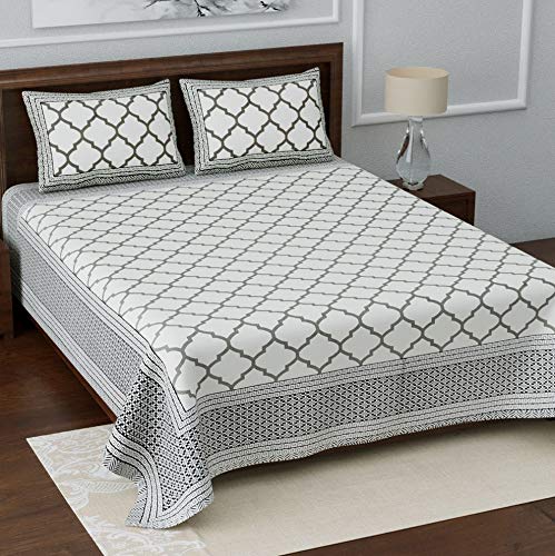 Image of LIVING ROOTS Jaipuri Hand Block Print King Cotton Bedsheet 86 * 104 inches (7 * 8.5 feet) with 2 Pillow Cover | 210 TC | Rich Fast Colour with No Colour Bleeding | (045-A)