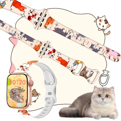 Image of Slim Cute Cartoon Band Printed Compatible with Apple Watch Bands 49mm 46mm 45mm 44mm 42mm 41mm 40mm 38mm Women, Silicone Adorable Printed Fadeless Pattern Design Strap for iWatch Series 11 10 9 8 7 6 5 4 3 2 1SE Cat