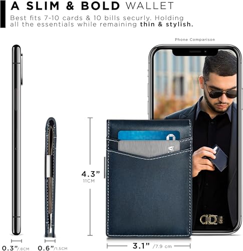 Image of Contacts Genuine Leather Money Clip Wallet Slim Front Pocket RFID Blocking Card Holder Minimalist Mini Bifold for Men's | Up to 11 Card Slots Including 1 ID Window & 1 Bill Compartment (Blue)