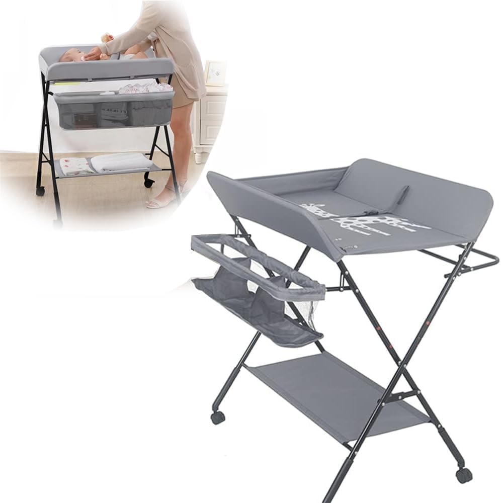 KRLZ Adjustable Baby Changing Table, Mobile Baby Diaper Table, Folding Nursery Changing Table Station with Hanging Rail, Storage Basket & Rack, Newborn Bath Massage Table Diaper Organizer-image-19