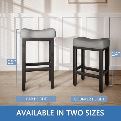 Image of 29 Inch Bar Height Bar Stools Set of 2, 29 inch Barstools for Kitchen Island Counter, Backless Bonded Leather Bar Height Stools with Thick Saddle Seats & Heavy Duty Metal Base, Easy Assembly, Gray /Black