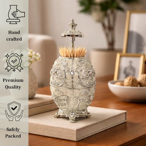 Image of Luxury Decorative Toothpick Holder for Dining Table - Handmade Faberge-Style Gold White Enamel Ornate Victorian Egg Shape Toothpick Dispenser Box | Unique Housewarming Wedding Gift