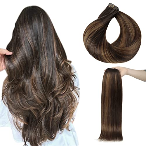 LeaLea Tape in Hair Extensions, Dark Brown Mix Chestnut Brown 18 inch 50g Tape in Hair Extensions Real Human Hair Natural Straight Human Hair Tape in Hair Extensions