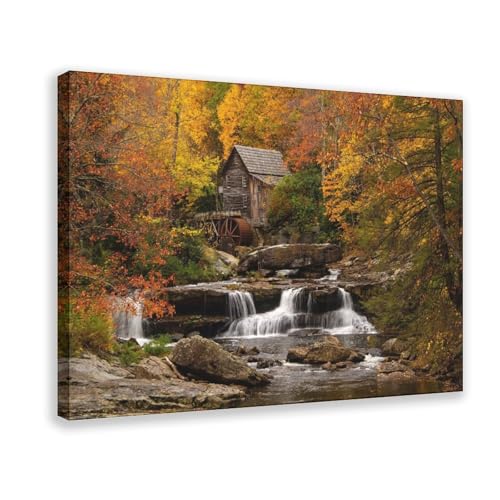 Old Grist Mill at Babcock State Park – Autumn Colors Canvas Wall Art, West Virginia Waterfall Landscape Print Poster Canvas Artwork Prints Rustic Farmhouse Decorations for Living Room Bathroom Bedroom