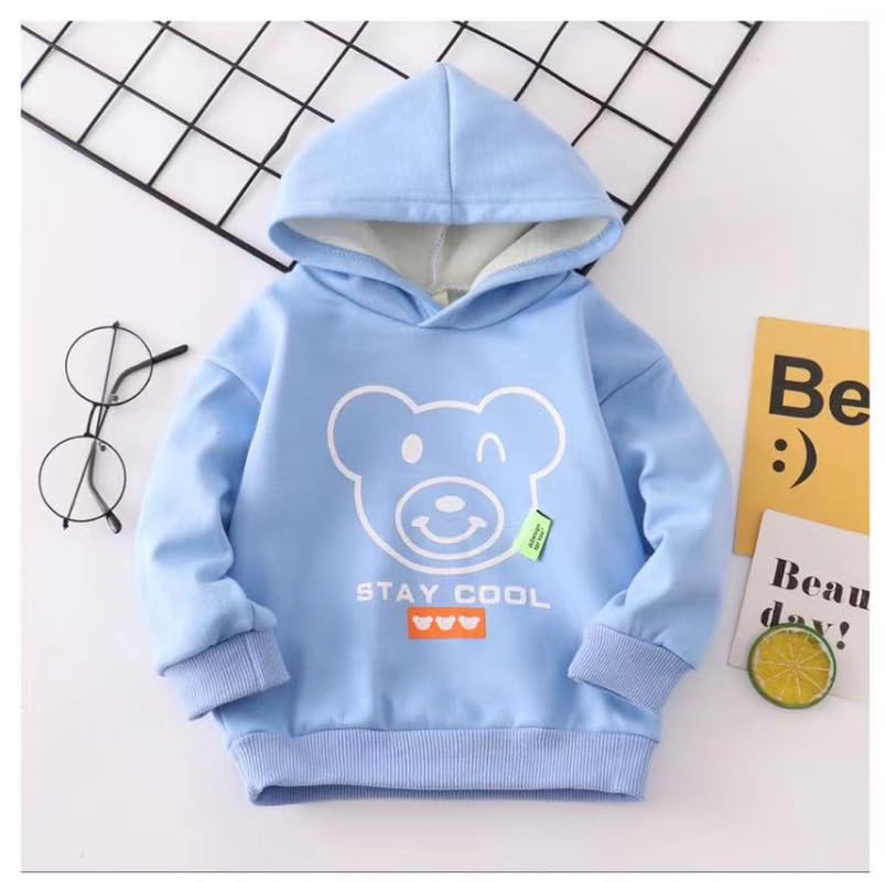 Bold N Elegant Cartoon Bear in Hood Print Kids Full Sleeve Warm Thick Fur Fleece Winter Tshirt Sweatshirt Hoodie for Infant Toddler Baby Boy & Girl (6-12 Months, Blue) 1