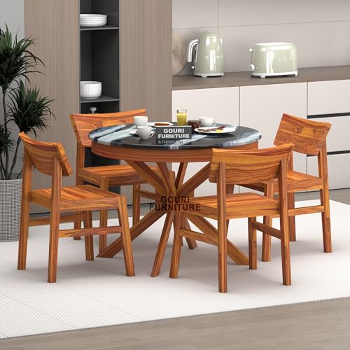 Image of Wooden Dining Table Set 4 Seater with Top Glossy Finish | Round Four Seater Dinner Table with 4 Chairs Solid Wood Dining Room Sets for Hotel Restaurant (DIY) Self Customer Assembly(Natural, Sheesham)