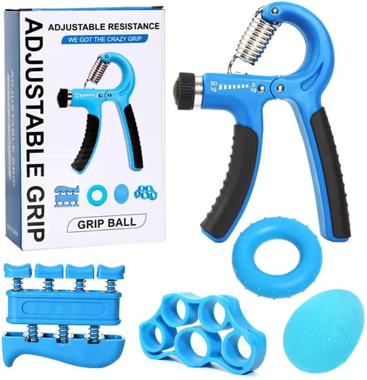 Hand Grip Strengthener Exercise Kit with 5 Pieces, Hand Exerciser for Men Women, Power Hand Grip Trainer, Finger Stretcher, Grip Ring, Stress Relief Ball, for Grip Strength Training(Blue)