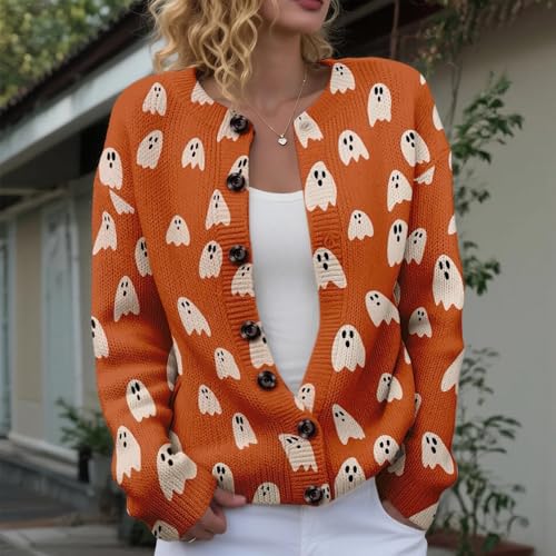 Halloween Cardigan for Women 2025 Funny Pumpkin Ghost Skeleton Print Open Front Button Down Cute Knit Sweater Outwear2