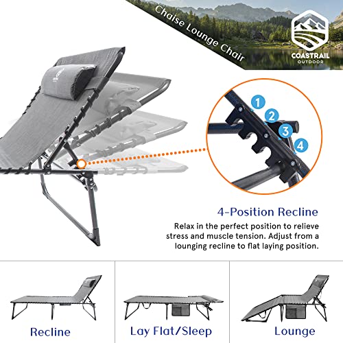 Coastrail Outdoor Opvouwbare Chaise Lounge Compact Lounge Chair 4 Position Recline, Patio Lounge met zakken en kussen voor comfort, breed ontwerp voor strand, bruinen, gazon, ondersteunt tot 400 lbs, grijs - Afbeelding 5