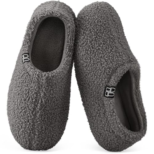 HomeTop Women's Fuzzy Curly Fur Memory Foam Loafer Slippers Bedroom House Shoes with Polar Fleece Lining (11-12 US,Dark Grey)