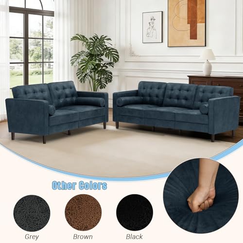 Image of Suede Leather Upholstered Sofa Set with Bolster Pillows, Blue | Tufted 2 Pieces Modern sofas with Bolster Pillows, 3 Seats Sofa and Loveseat with Sturdy Legs for Living Room, House