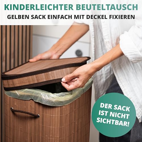 HOMELYN Gelber Sack Ständer I Bambus I WASCHBARE INNENTASCHE I Stabiler Müllsackständer mit Deckel I Extra für gelbe Säcke I Gelber Sack Mülleimer I Behälter gelbe Säcke für Küche & Haushalt