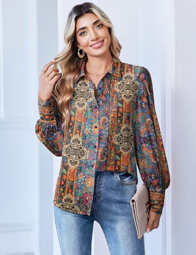 Zeagoo Women Button Down Shirts Lantern Long Sleeve Tops Business Casual Chiffon Blouses Trendy Work Clothes