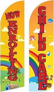 OnPoint Wares Now Enrolling Child Care King Flags – 2 Pack | 3 ft x 11.5 ft Heavy Duty Outdoor Childcare Advertising Banners | Weatherproof Polyester Business Flags (Hardware Not Included)