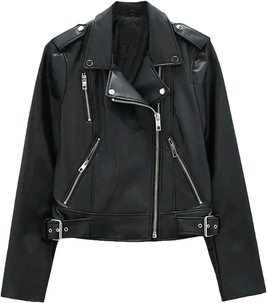 KEHAIOO Spring Autumn Women Black Faux Leather Jacket Casual Zipper with Belt Biker Coat Female Solid Short Outwear