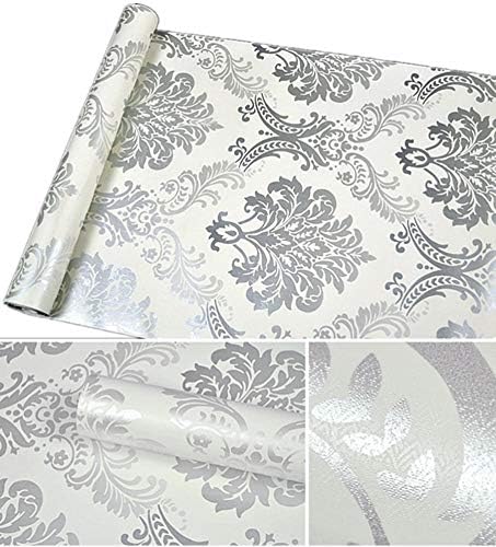 Grey Damask Peel and Stick Wallpaper Self Adhesive Vinyl Shelf Liner for Cabinets Sheves Livingroom Wall Decal 17.7inch by 79inch