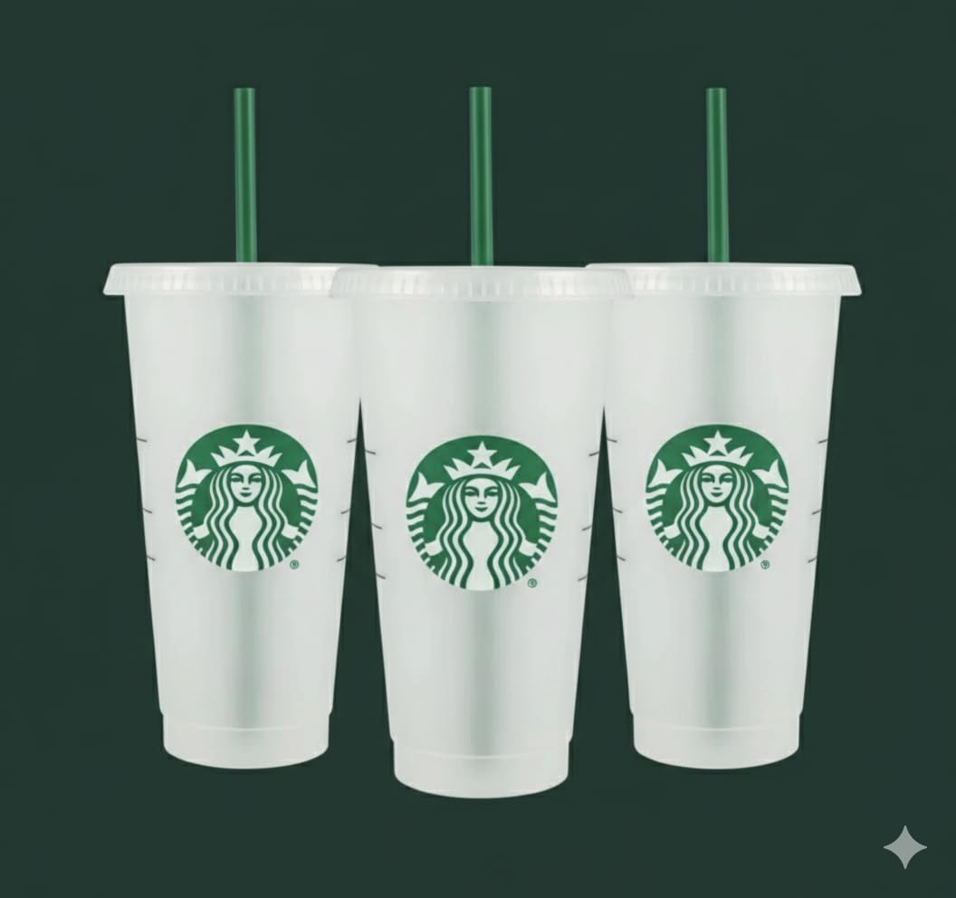 Reusable 3 Hard Plastic Venti 24 oz Frosted Ice Cold Drink Cup with Lid and Green Straw w/Stopper