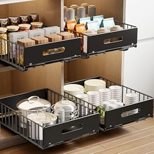 2 Pack Pull Out Cabinet Organizer, Slide Out Drawers for Cabinets, Peel and Stick, Heavy Duty Shelves for Kitchen, Cupboard, Pantry, Bathroom (16.5″ D*11.8″ W*3.94″ H-Black)