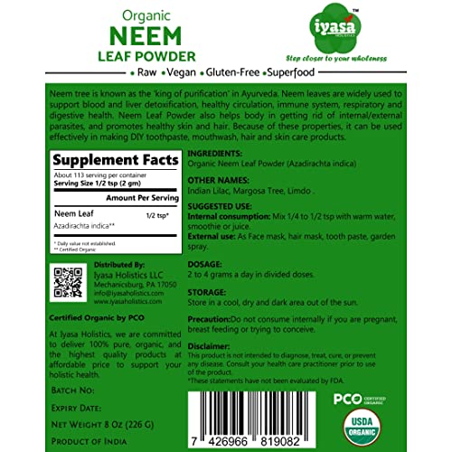 Iyasa Holistics Usda Organic Neem Leaf Super Greens Powder To Support Blood And Liver Purification, Promote Healthy Hair And Clear Skin Complexion Having Resealable Bag 8 Oz/ 226G #TOP1