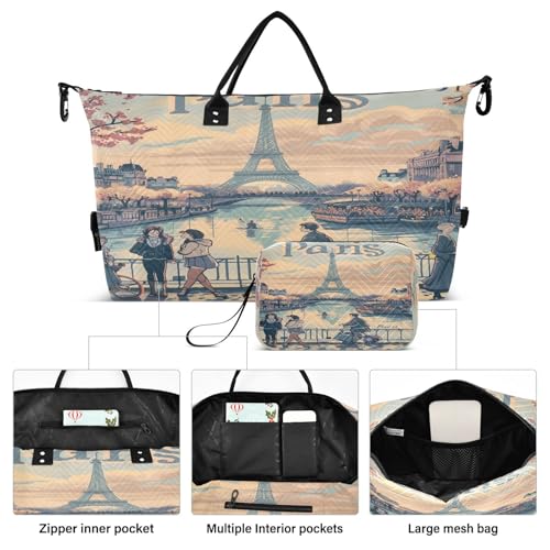 Paris France Eiffel Tower Painting Large Travel Duffle Bag Weekender Overnight Bags Gym Yoga Bag for Women Men with Toiletry Bag2