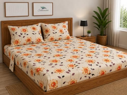 Image of 240 TC Glace-Cotton All Around Elastic Fitted Bedsheet, Elastic Fitted Bedsheet King Size Bedsheet for Double Bed with 2 Pillow Covers, Size - 72 x 78 x 8 Inch Color White