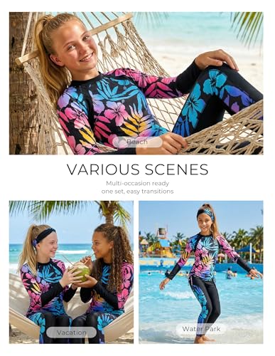 Image of GRACE KARIN Girls Long Sleeve Swimsuit Two Piece Rashguard Floral Swimwear 6-14Y