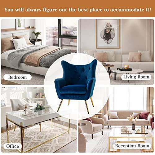 Velvet Accent Chair, Modern Wingback Arm Chair With Metal Gold Legs, Velvet Tufted Upholstered Single Sofa Chair For Living Room Bedroom, Dining Room Accent Arm Chairs Club Guest Chair (Navy) #TOP6