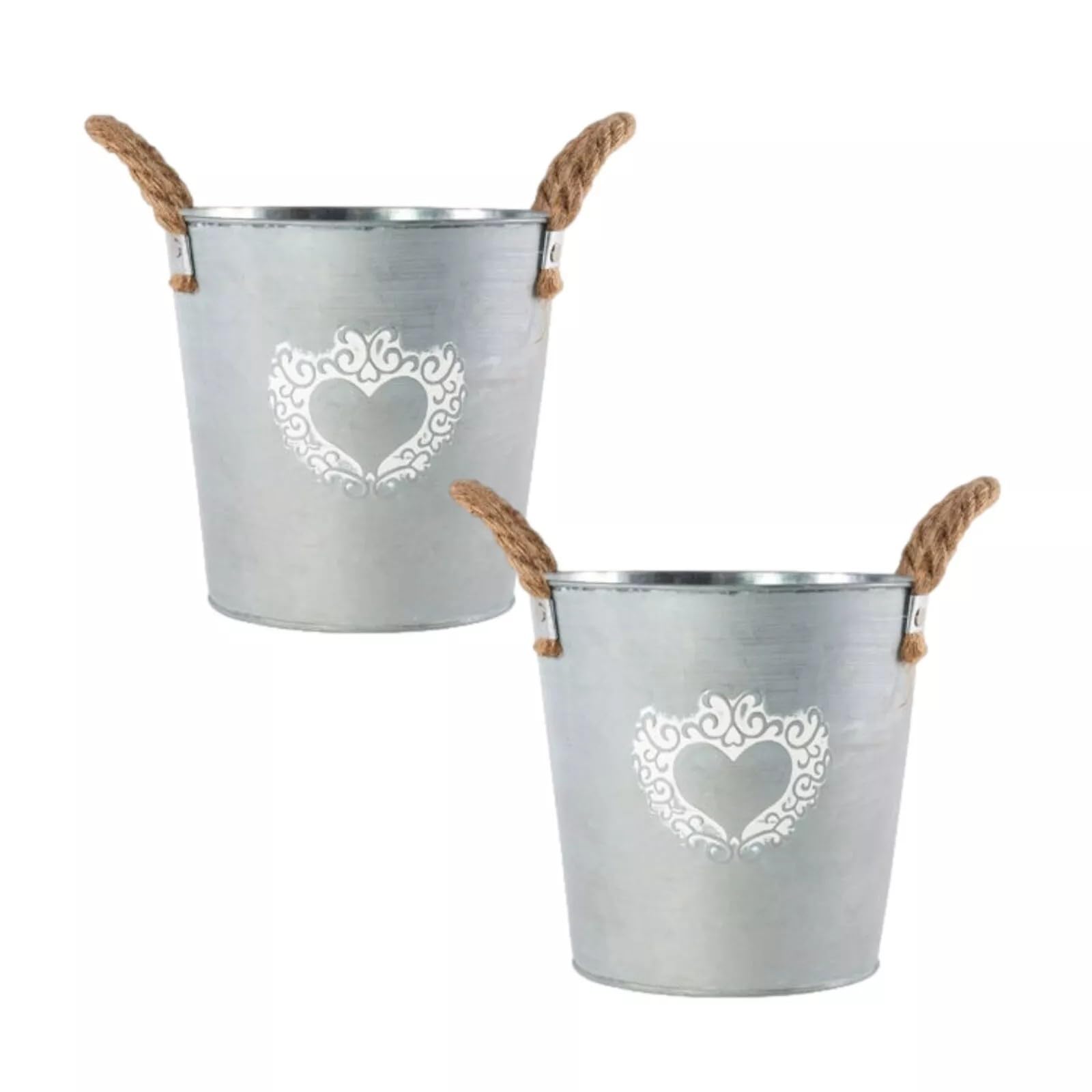 Fyne-Finds Silver Zinc Tin Pail Plant Pot Heart Print Planter With Rope Handles 18cm, 7inch Outdoor Home Garden Bucket (2)