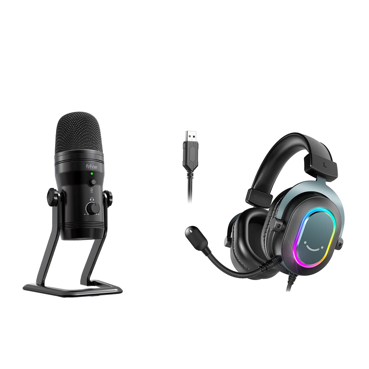 FIFINEASMR Microphone and Gaming Headset, USB Studio Recording Mic with Mute Button & Monitor Headphone Jack & Four Pickup Patterns,PC Wired Headphones for YouTube Podcast Streaming Gaming (K690+H6)