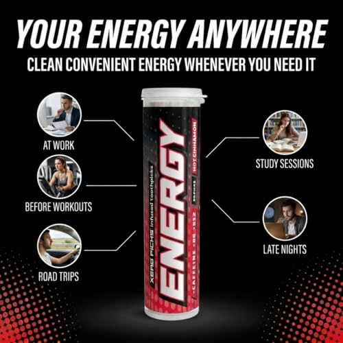 Image of Xero Picks Energy Caffeine Flavored Toothpicks B12 for focus & B6, 60 Picks (Pack of 3) (Hot Cinnamon) Sugar-Free Alternative to Energy Mints & Gum - Kosher