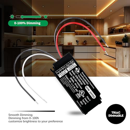 Image of Dimmable LED Driver, 60W 24V Triac ELV /MLV Compatible Electronic Transformer, 100-130V AC to 24V DC Power Supply, Low Voltage Lighting Project, Smooth Dimming, UL Listed, Class 2