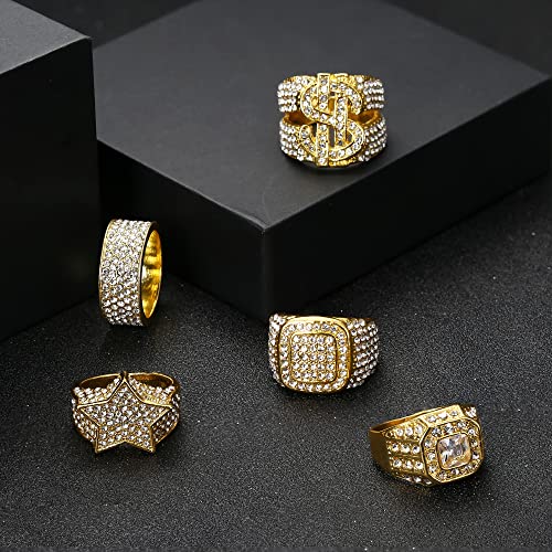 FASACCO 5pcs 18K Gold Plated Bling Pinky Ring Simulated Diamond Iced Out CZ Punky Rappers Star Dollar Sign Hip Hop Ring for Men4