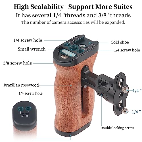 Image of Hersmay Wooden Side Handle Quick Release Camera Hand Grip with 1 /4 inch-20 Screws Stabilizer with ARRI-Style Mount Screw & Cold Shoe Mount for DSLR Mirrorless Video Camera Cage